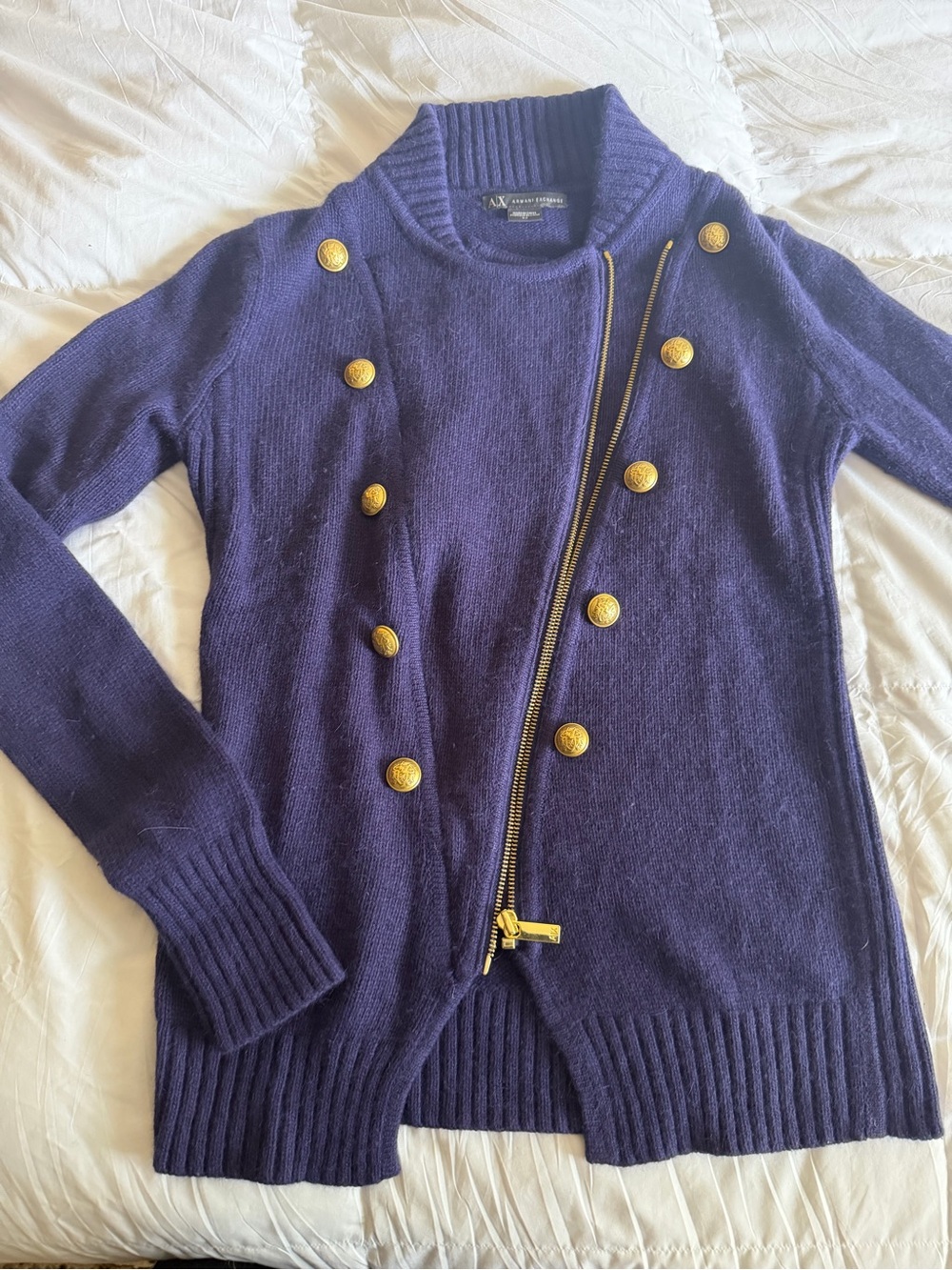 Armani Exchange Cashmere Double Zip Cardigan ~ navy/ gold